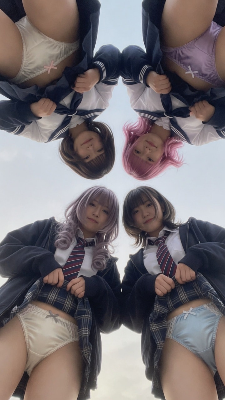 真下からJK4人たくし上げパンチラ