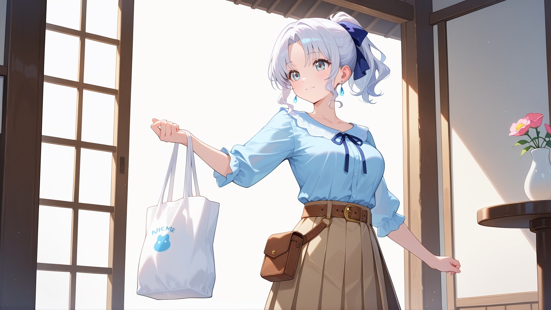 青ブラウスの爽やかお出かけコーデ