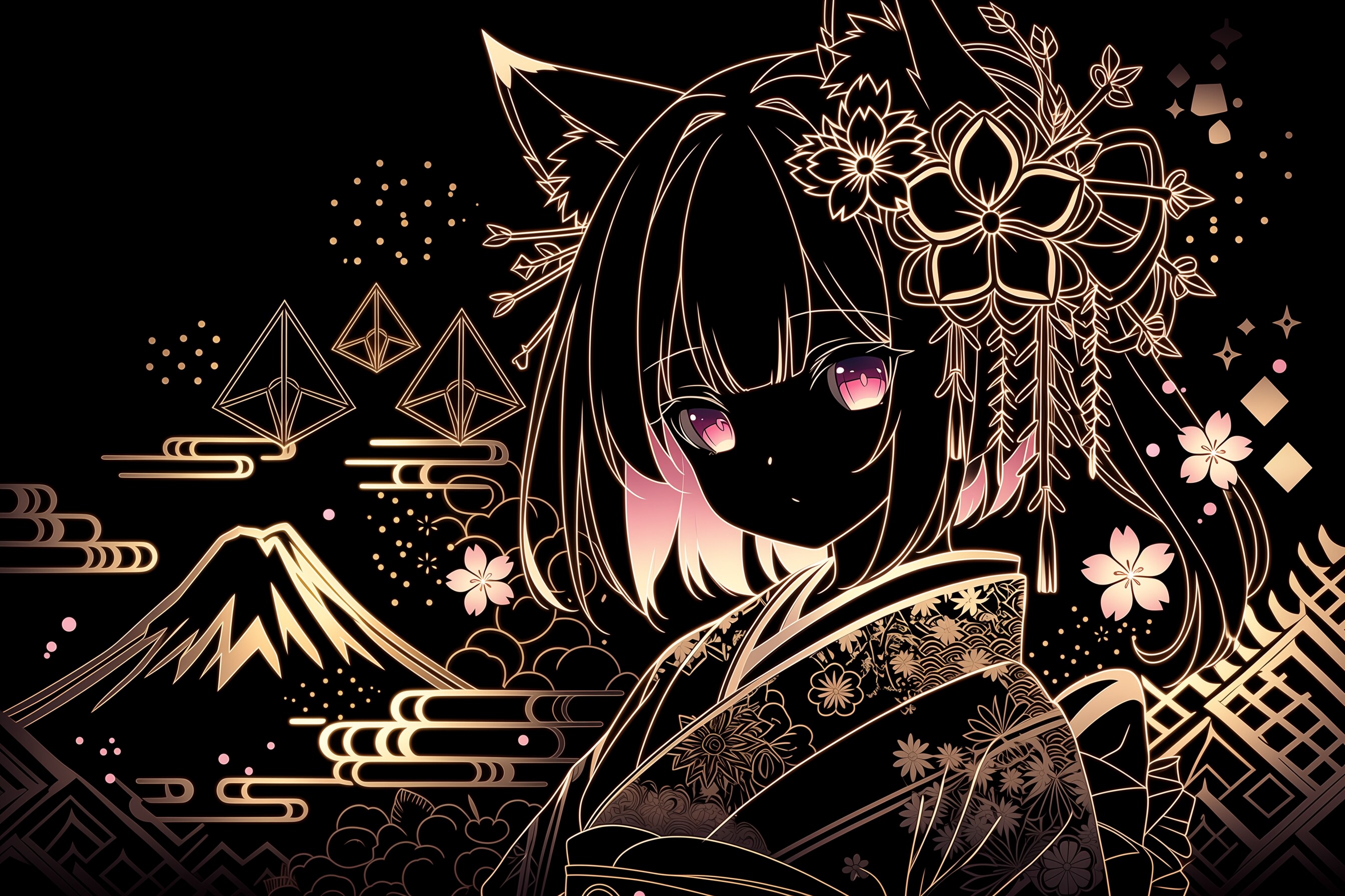 富士とネオンと猫耳と