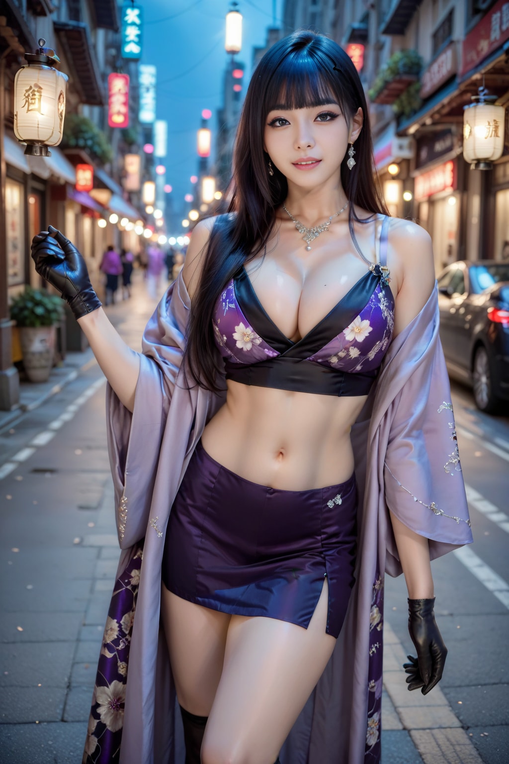 紫の和風ドレスの美女