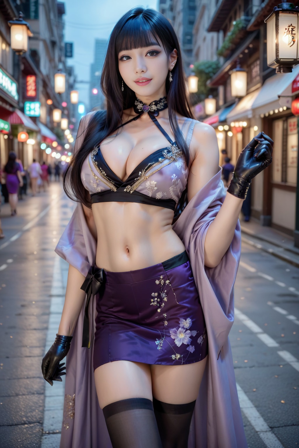 紫の和風ドレスの美女