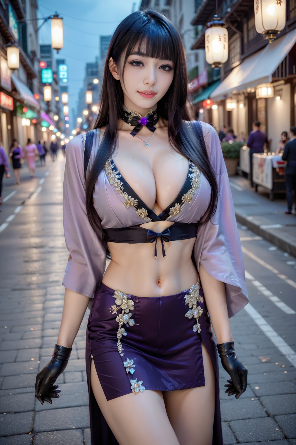 紫の和風ドレスの美女