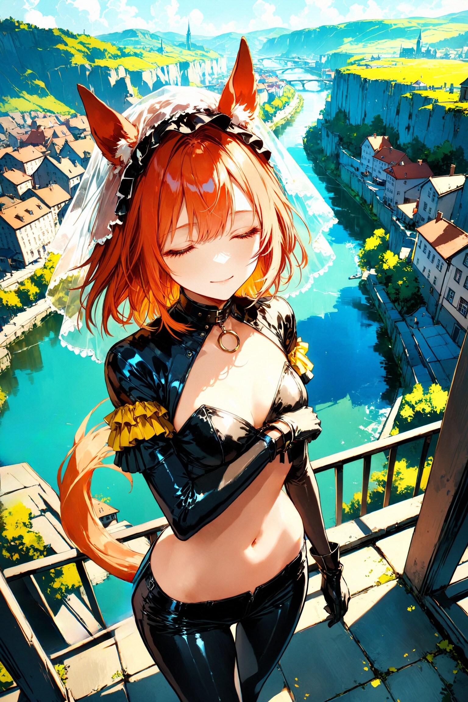 バルコニーから見下ろす川沿いの街の風景とケモミミちゃん