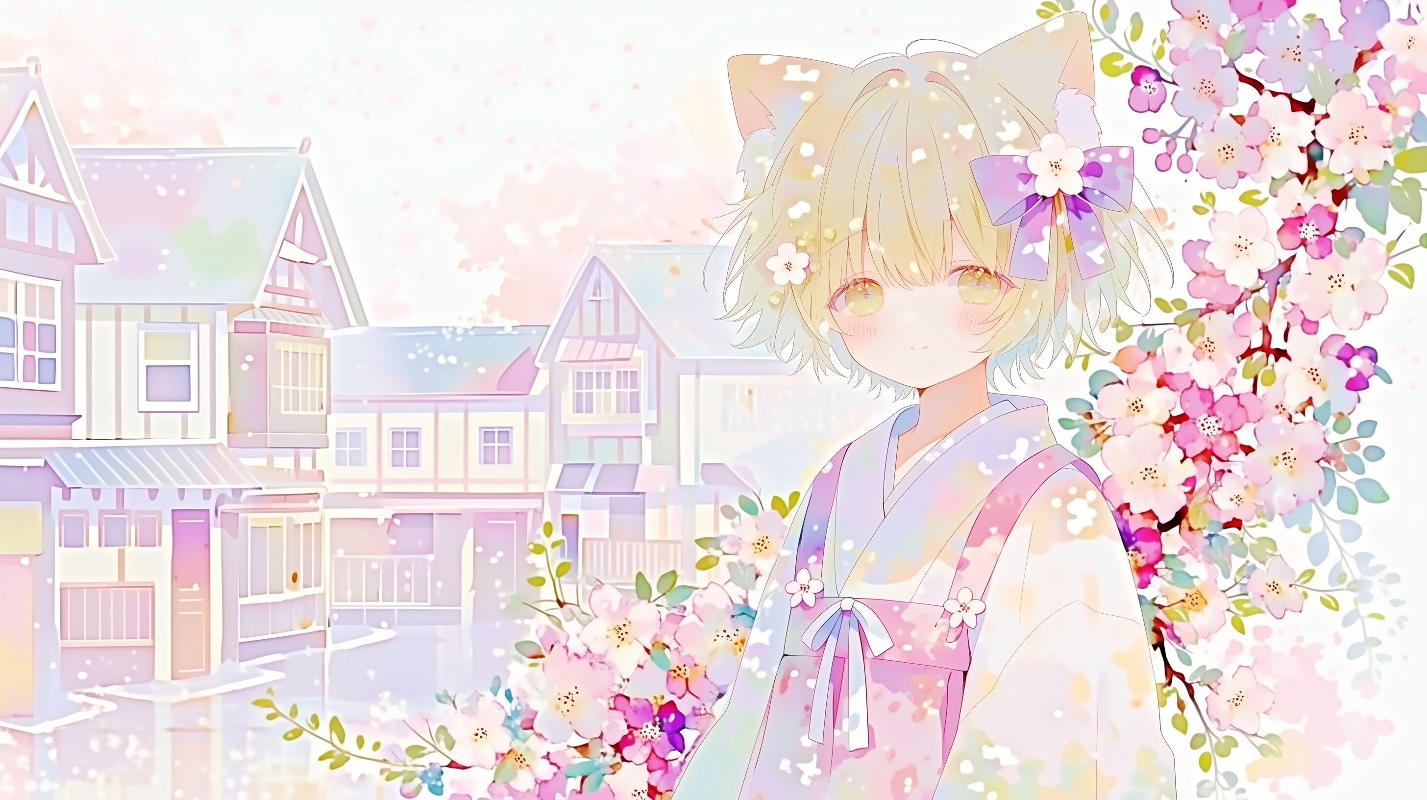 水彩で描く桜と日本の街並み