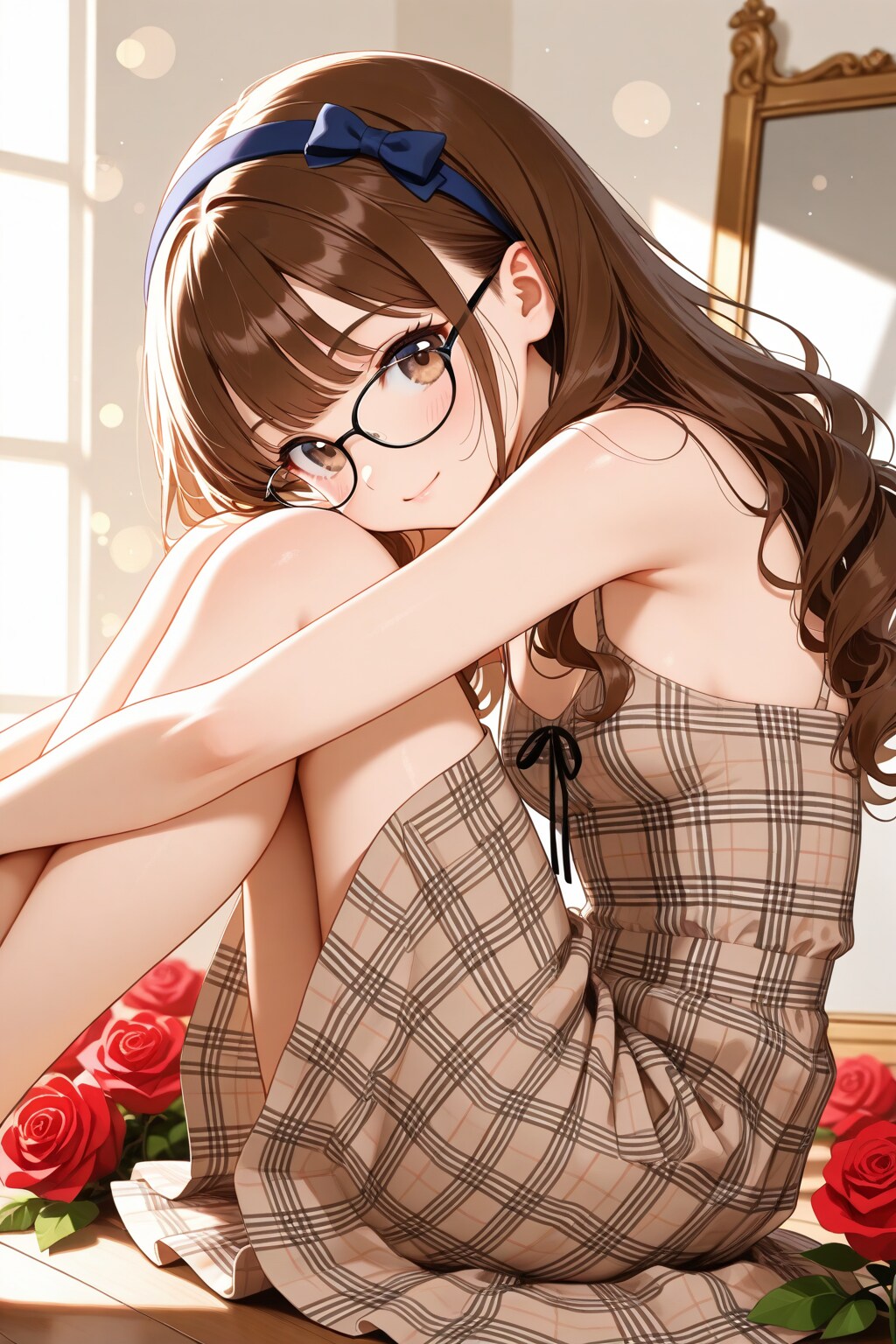 20260124【5枚】ブラウンチェック柄ドレスと眼鏡の女性