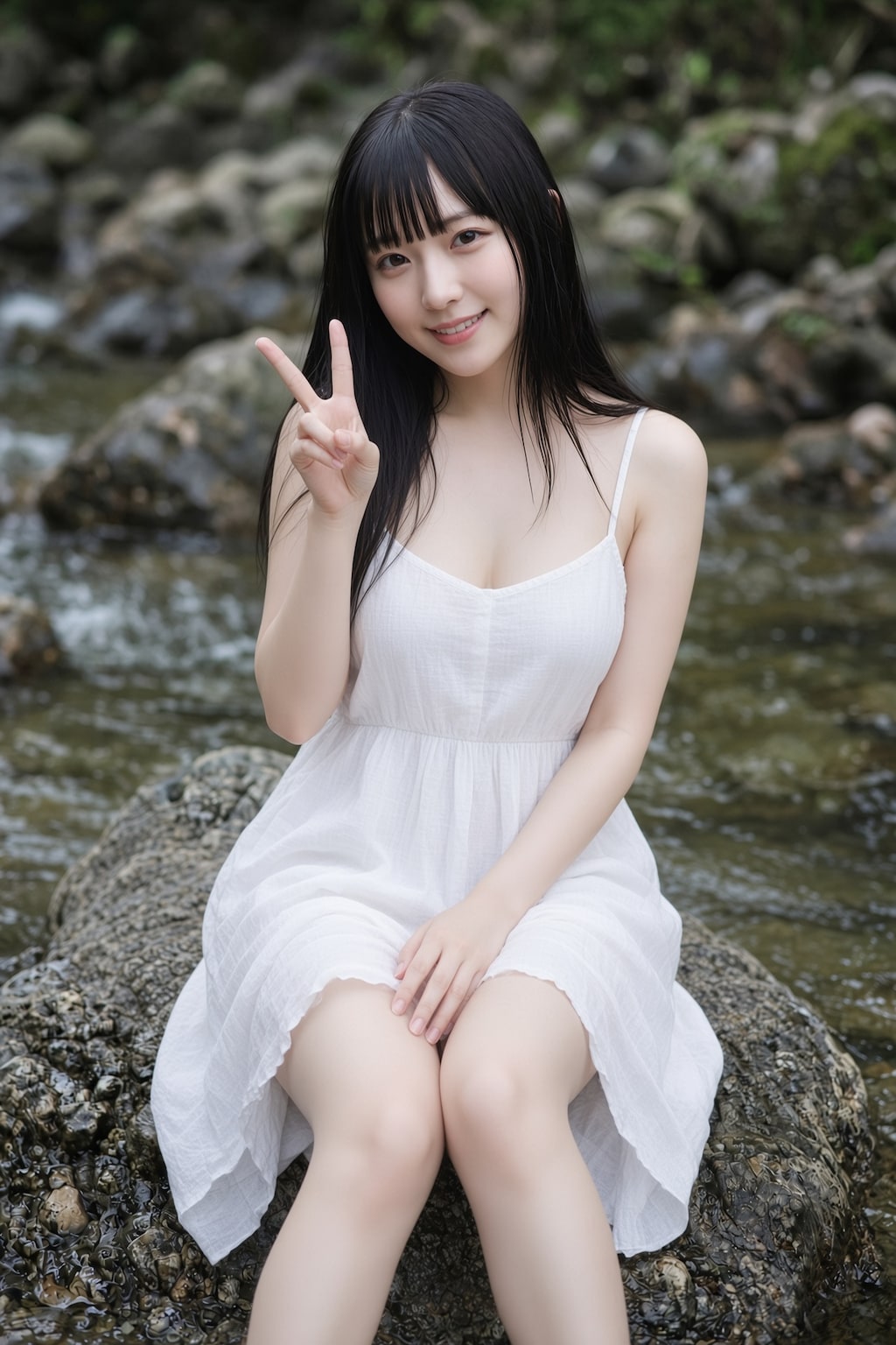 川の中で座っている可愛い美女