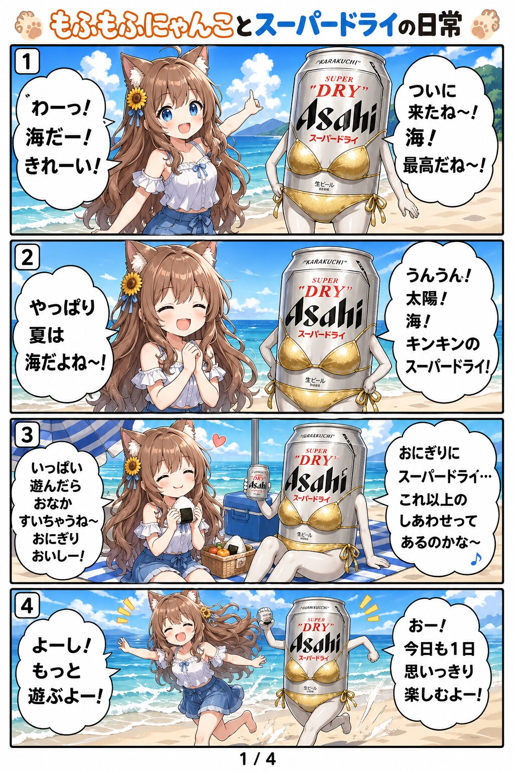 小さな女の子とスーパードライの４コマ漫画(海で遊ぶ編)
