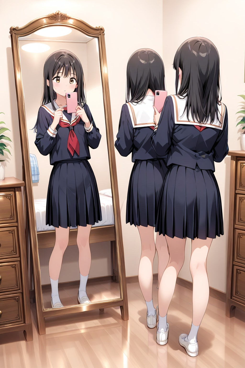 20251208【5枚】鏡の前でポーズをとるセーラー服の黒髪の女性