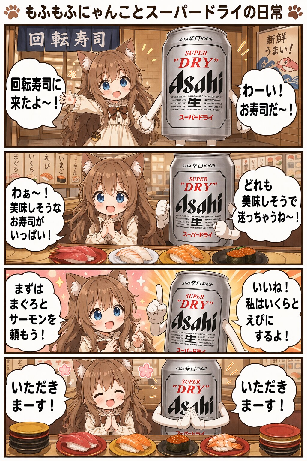 小さな女の子とスーパードライの４コマ漫画(回転寿司編)