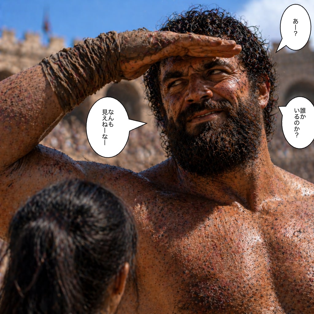 巨漢の闘奴と対戦するアマゾネスちゃん