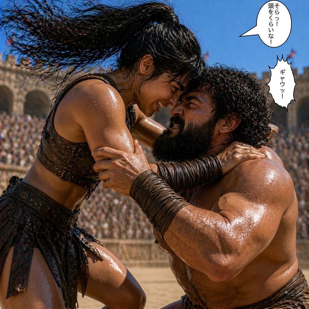 巨漢の闘奴と対戦するアマゾネスちゃん