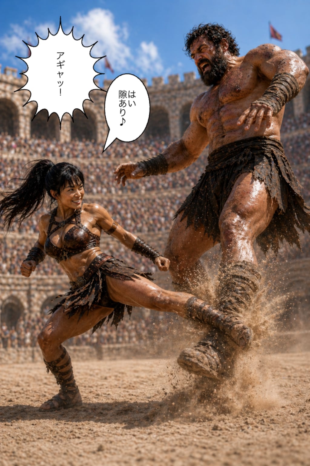 巨漢の闘奴と対戦するアマゾネスちゃん