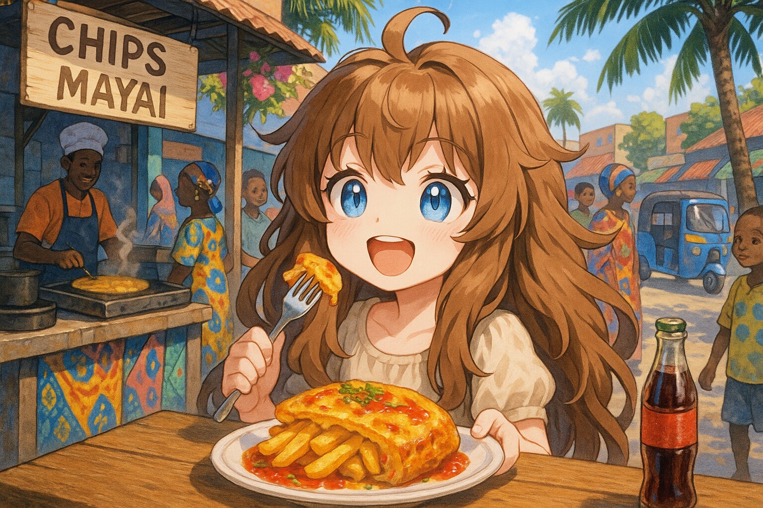 チップス・マヤイとマンダジを食べる小さな女の子