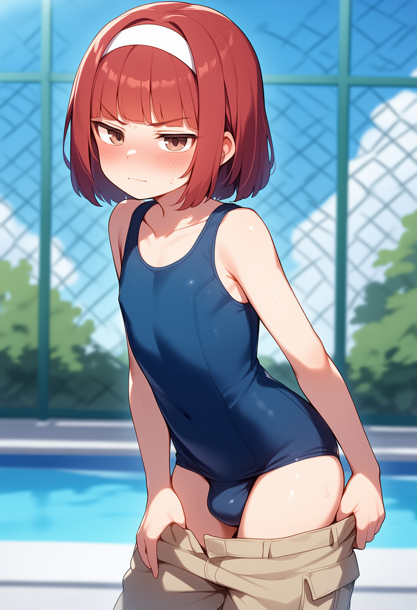 男の娘がスク水、女児水着姿でオシッコも精液もお漏らし
