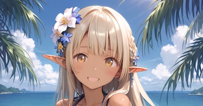 金髪巨乳ダークエルフちゃんと海で💕(5枚)