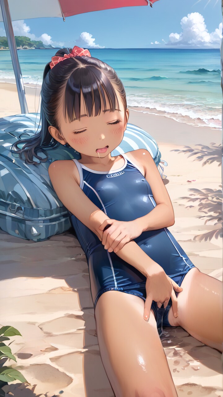 スク水姿の〇リJ〇ちゃんたちが海で指オナ（６枚）