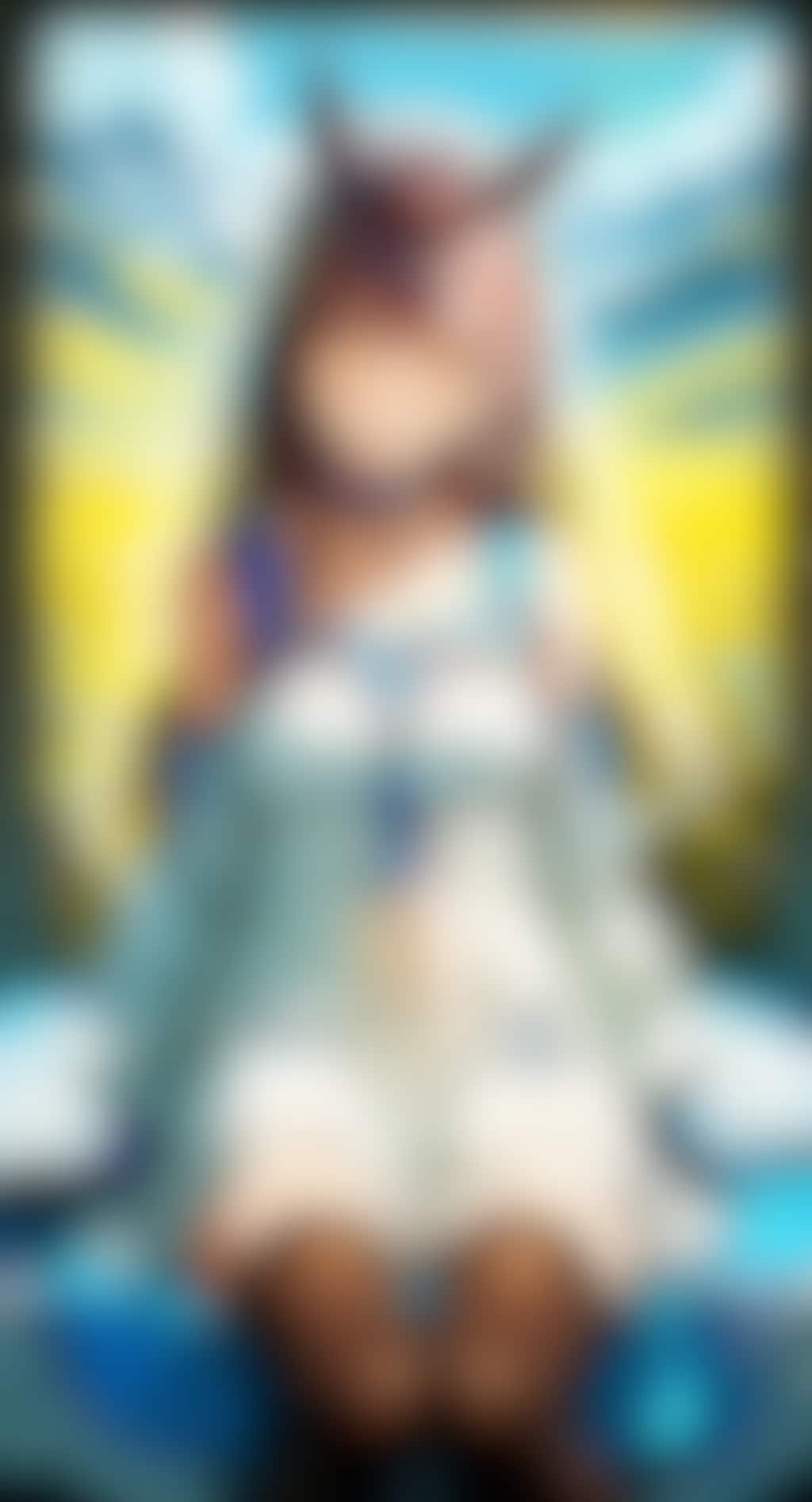雪が残る山麓と裾野に咲き誇る黄色い花畑が誘う春の窓辺のケモミミちゃん