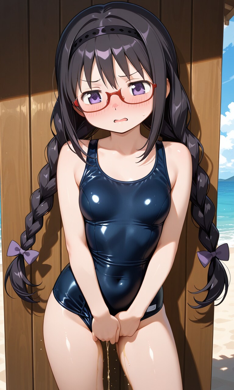 蔵出しおしっこお漏らしチャレンジ【暁美ほ〇ら】眼鏡三つ網初期ver.（スクール水着）その2