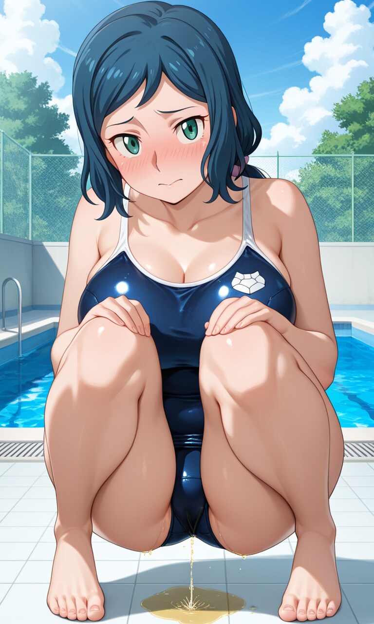 おしっこお漏らしチャレンジ【イ◯リ・リン子】(競泳タイプのスクール水着)