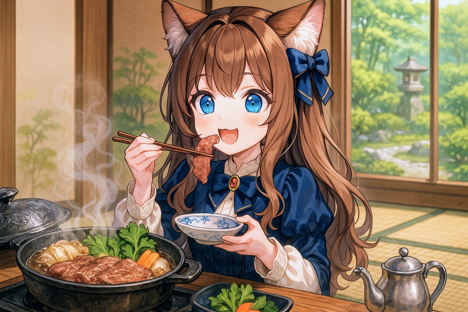 すき焼きを食べる小さな女の子
