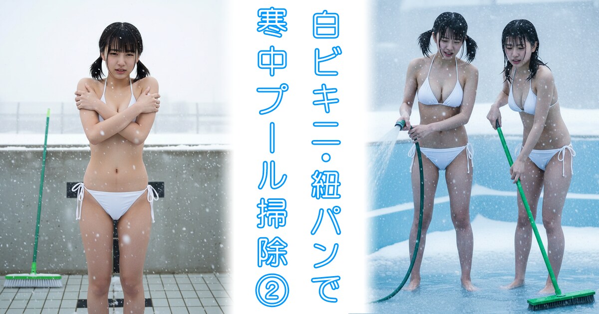寒中プール掃除②（40枚、白ビキニ・紐パン）
