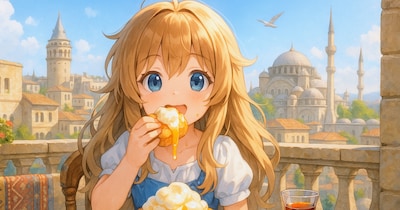 カイナックとはちみつたっぷりのパンを食べる小さな女の子