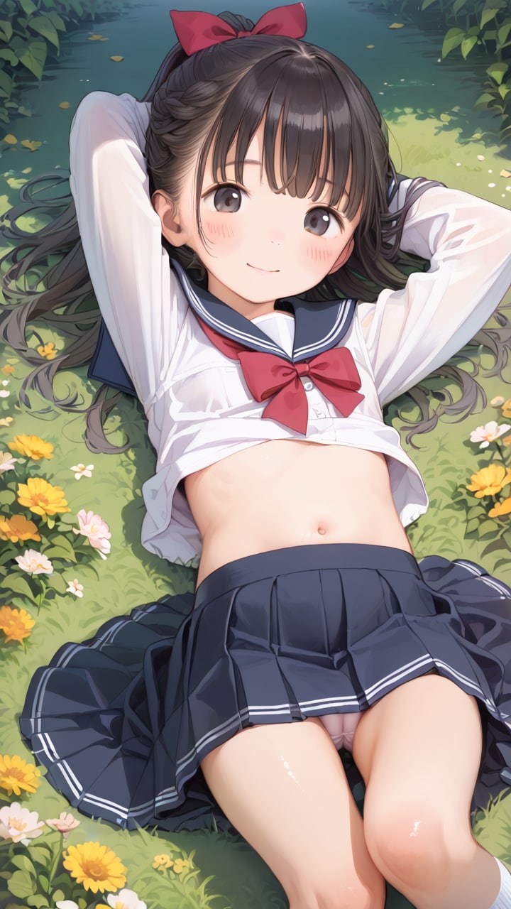 セーラー服〇リJ〇ちゃんたちがお花畑で横たわりパンチラ（6枚）