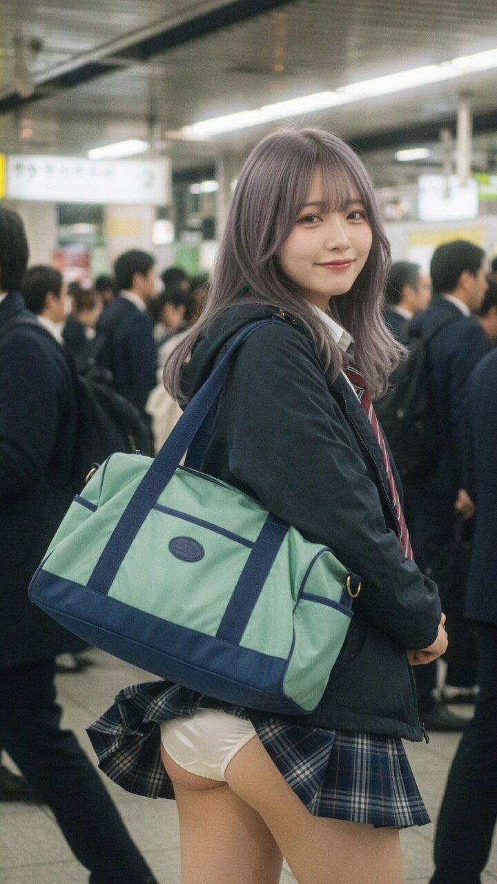 バッグにスカートが引っかかってパンチラ