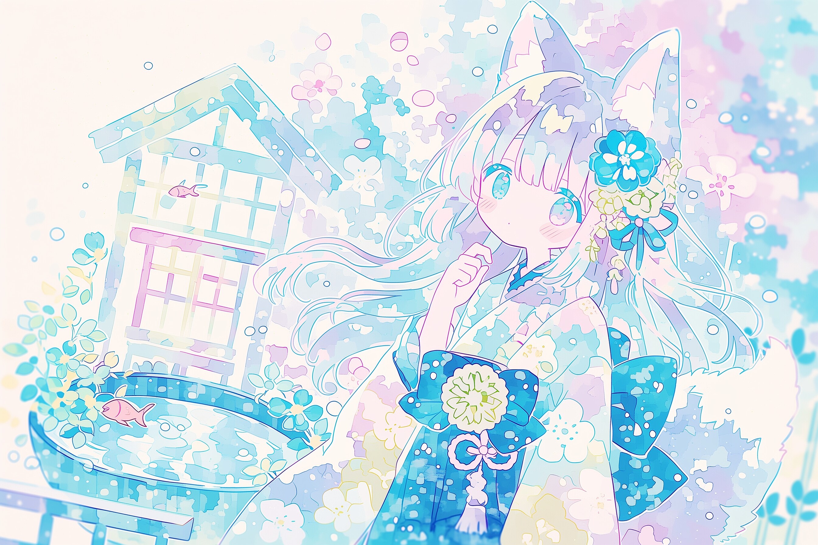 金魚と狐とアオイロ水彩