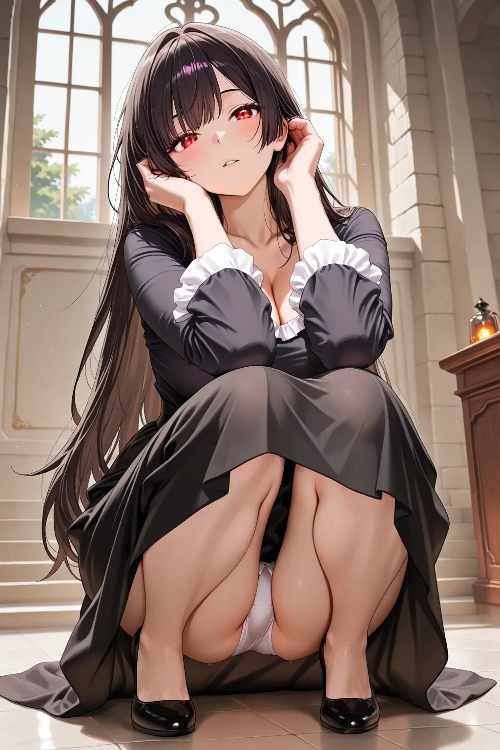黒髪ロング貴族っぽいしゃがみパンチラ