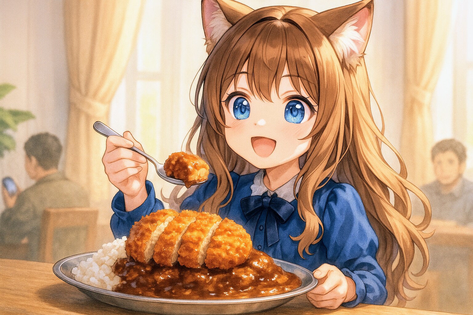 カツカレーとデザートを食べる小さな女の子