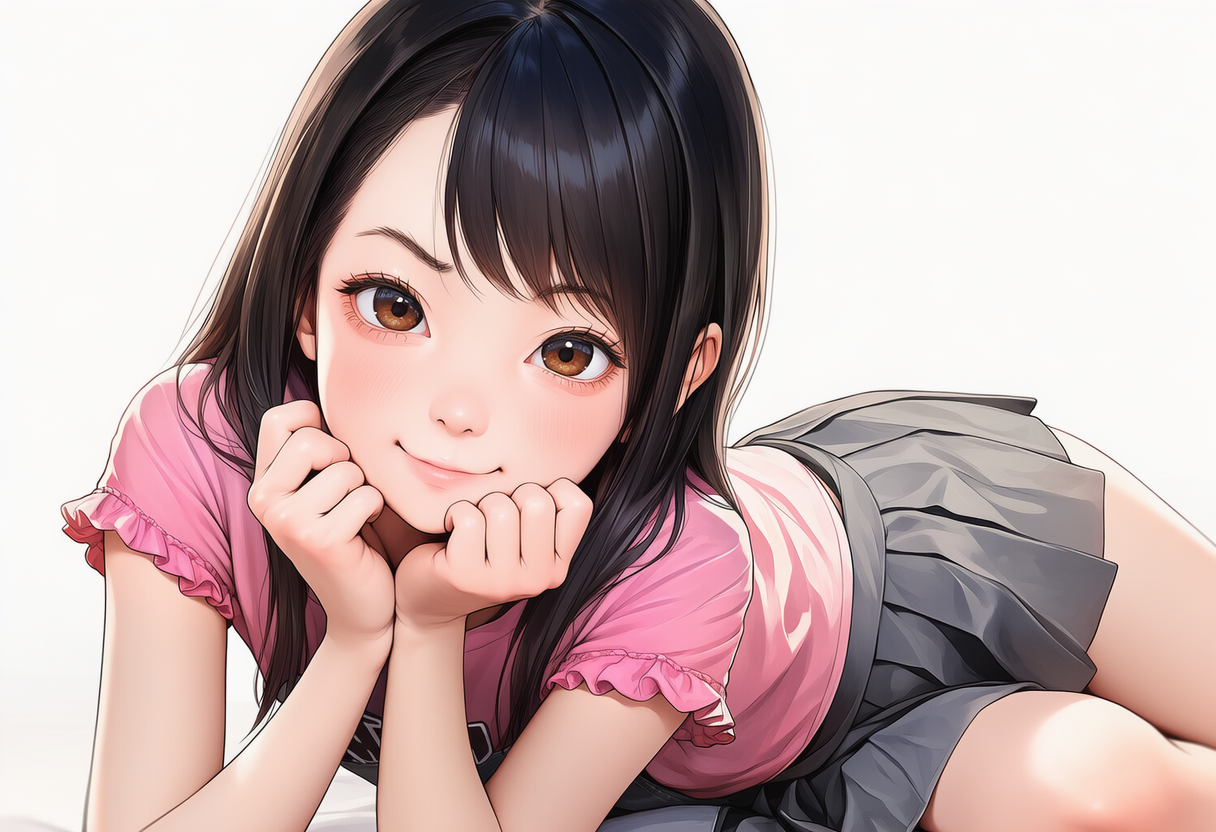 頬杖をつくピンクのシャツの女の子