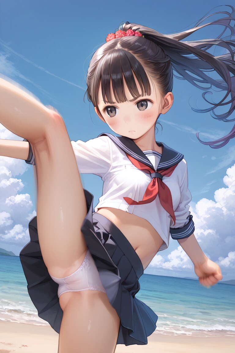 セーラー服〇リJ〇ちゃんたちが海でキックパンチラ（12枚）