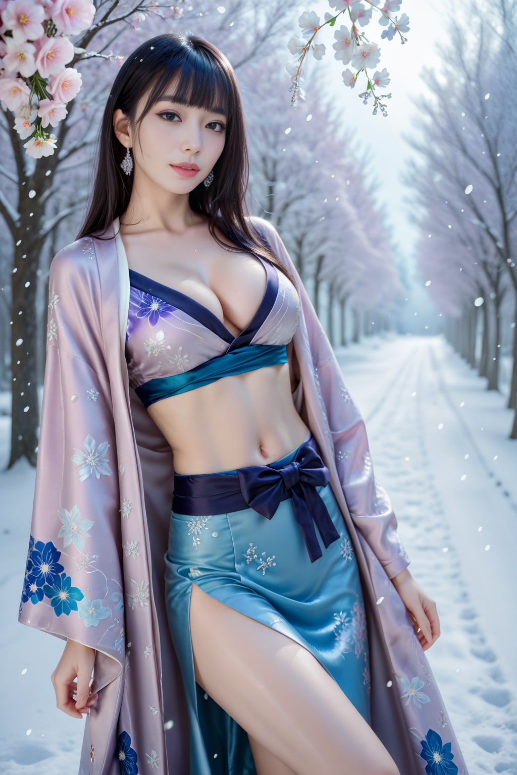冬のアジサイの着物ドレスの美女。女性ファッション誌風