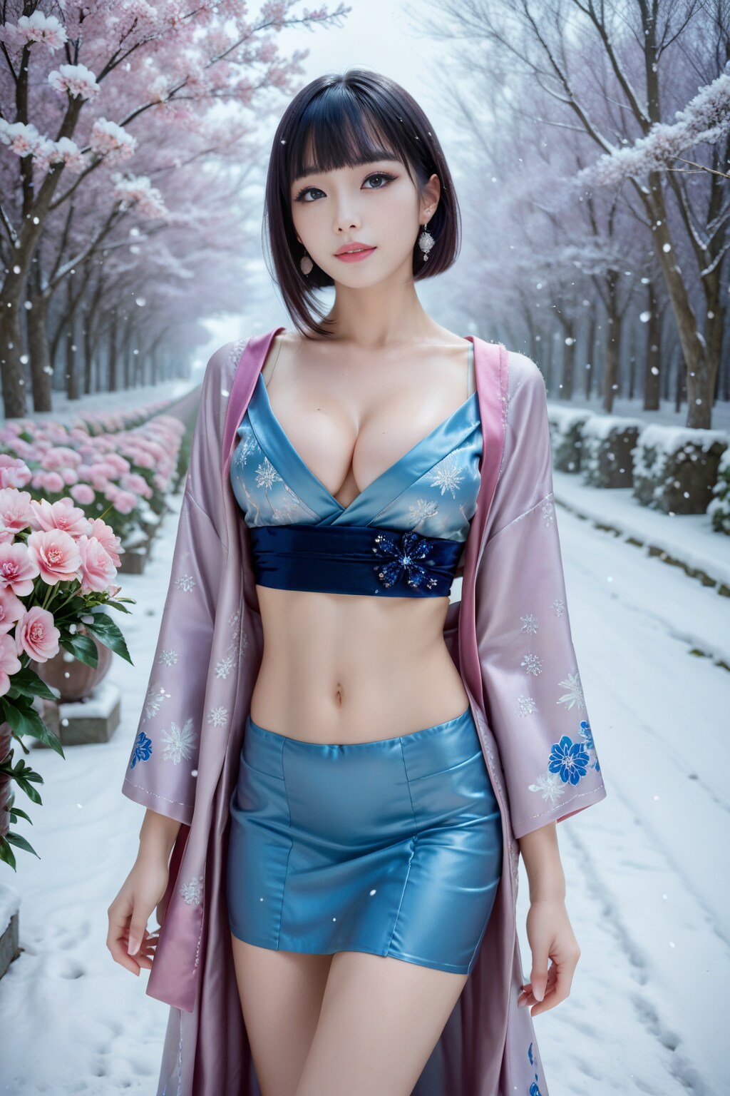 冬のアジサイの着物ドレスの美女。女性ファッション誌風
