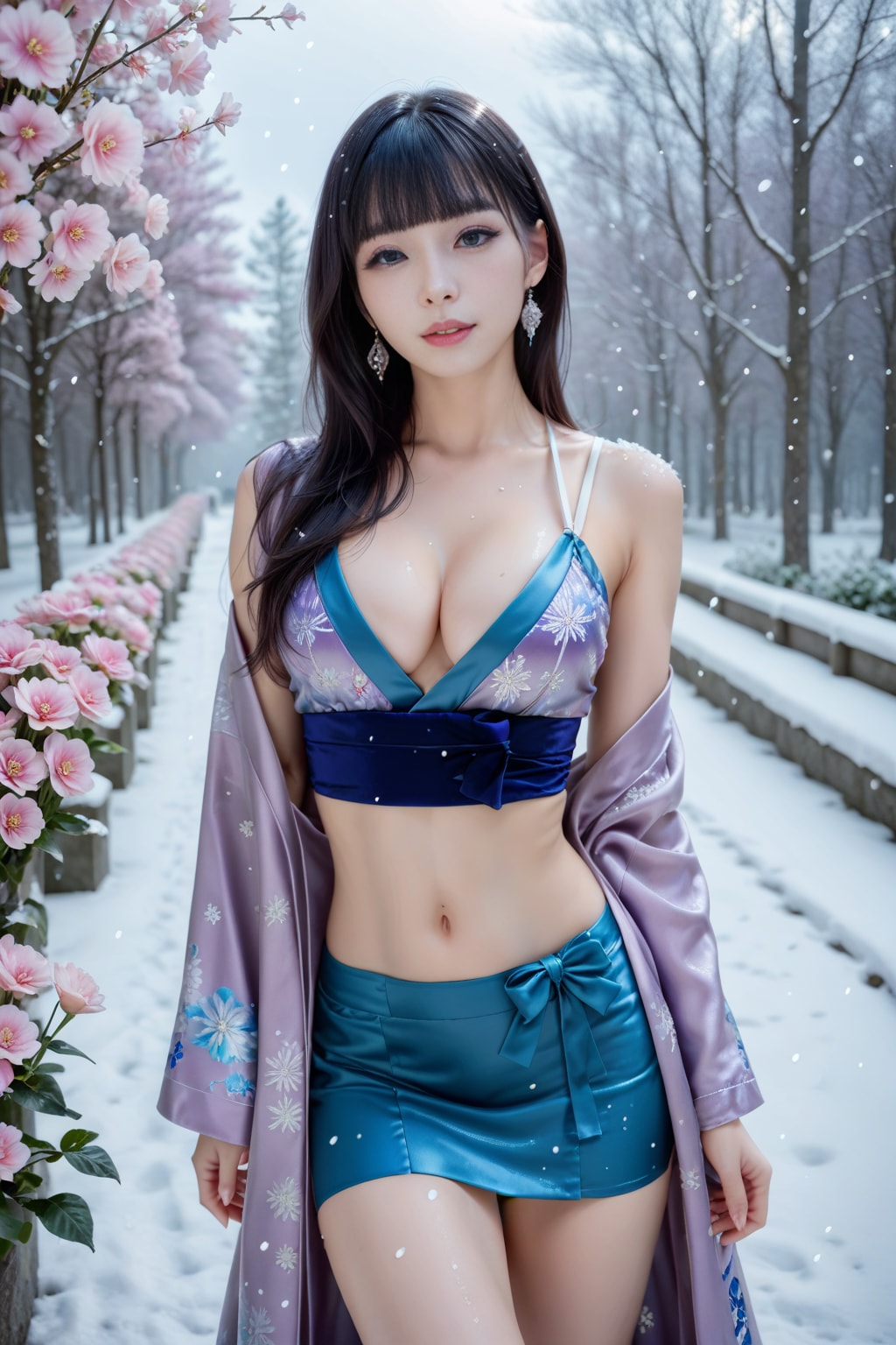 冬のアジサイの着物ドレスの美女。女性ファッション誌風