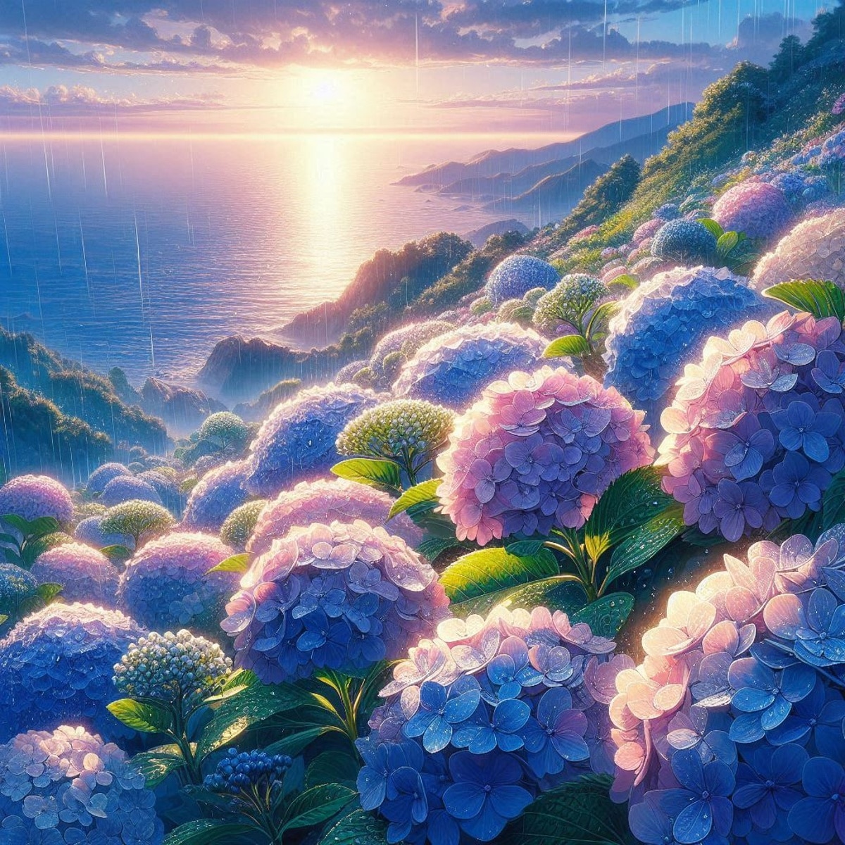 梅雨の彩り。紫陽花(あじさい)AIイラスト特集