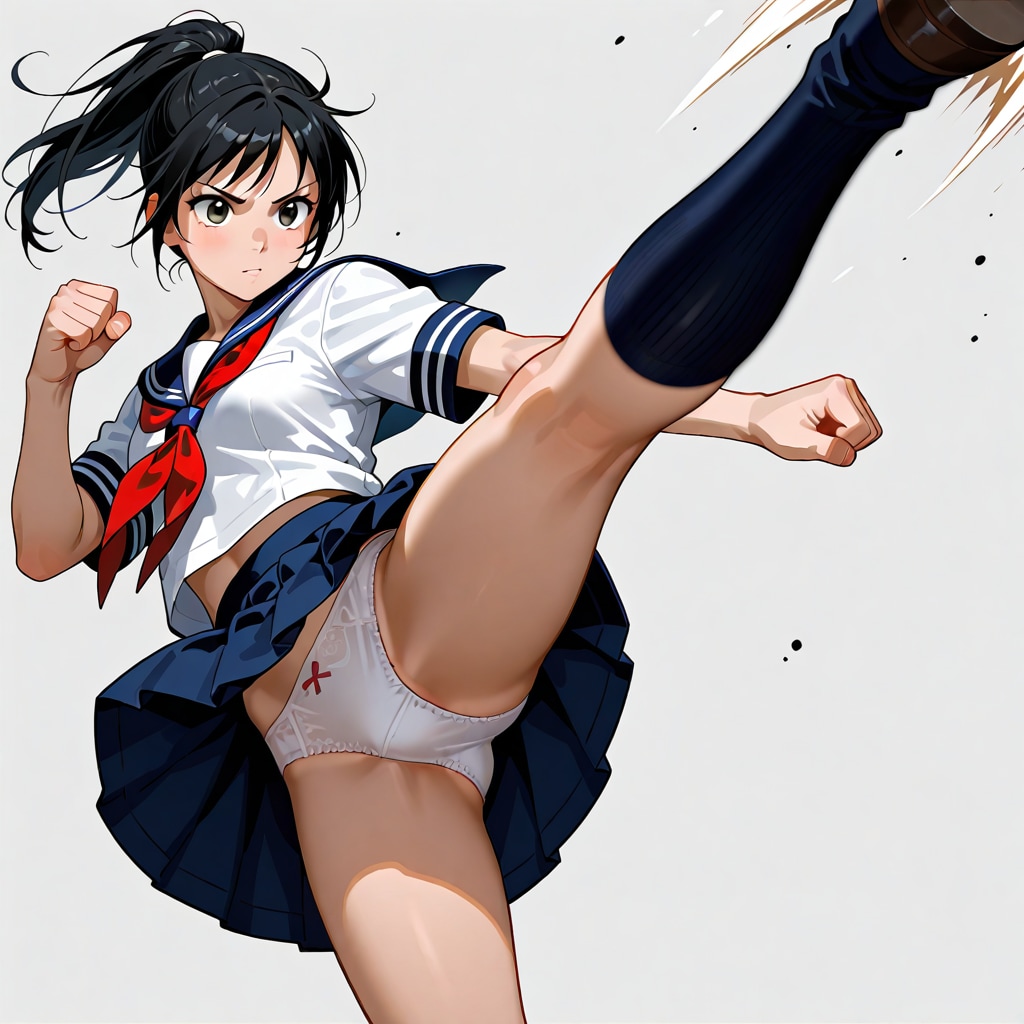 セーラー服でパンチラキック