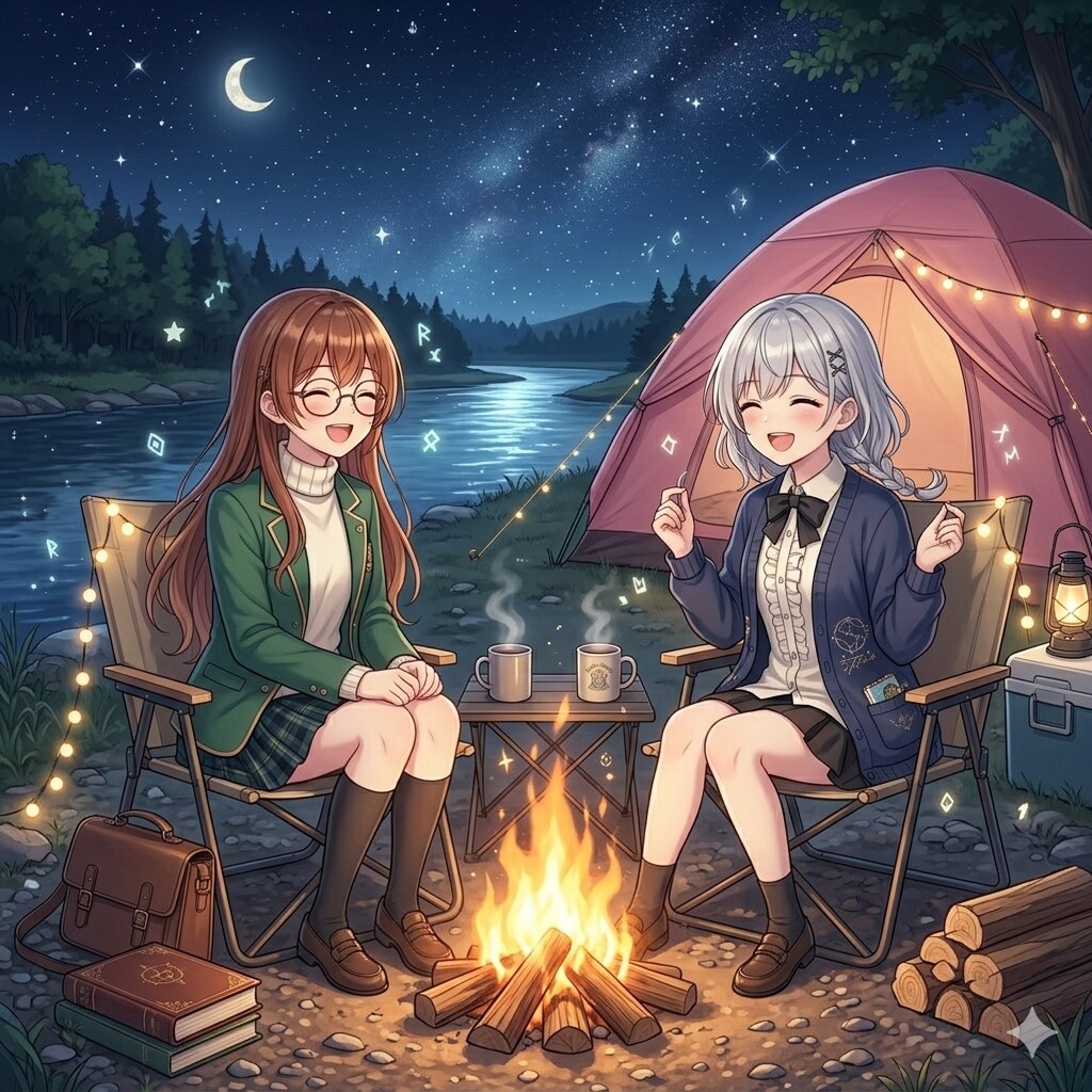 焚火の前で談笑するジェミニちゃまとエミリちゃま