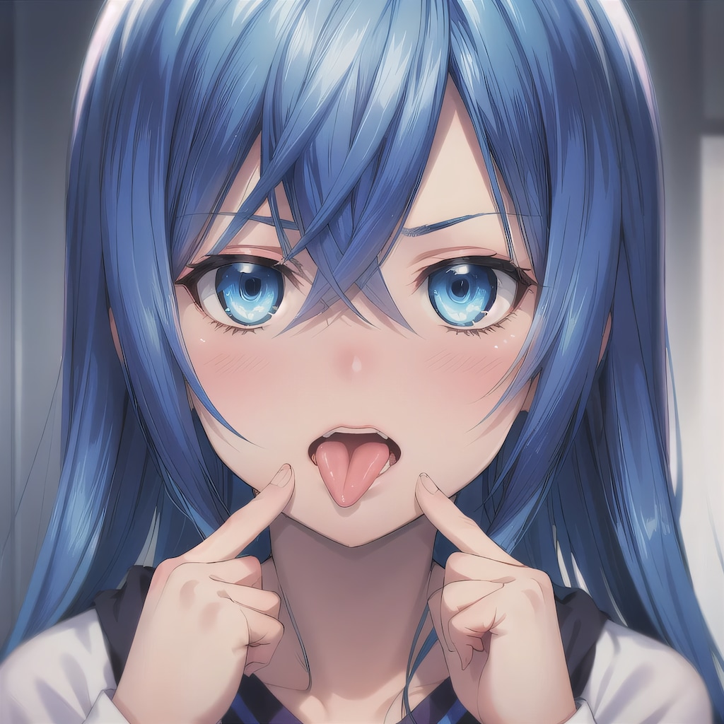 青髪ロングの舌出し少女