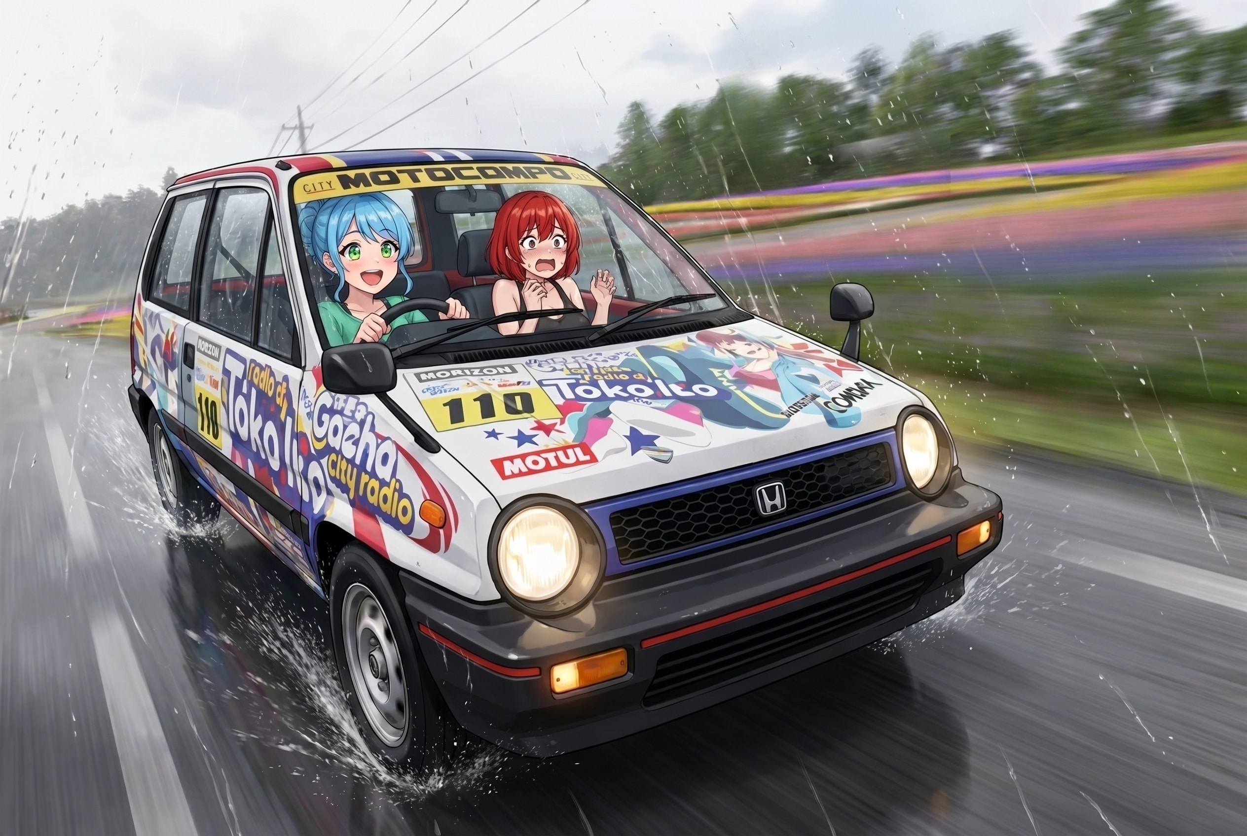 雨の中をドライブする淑女さん
