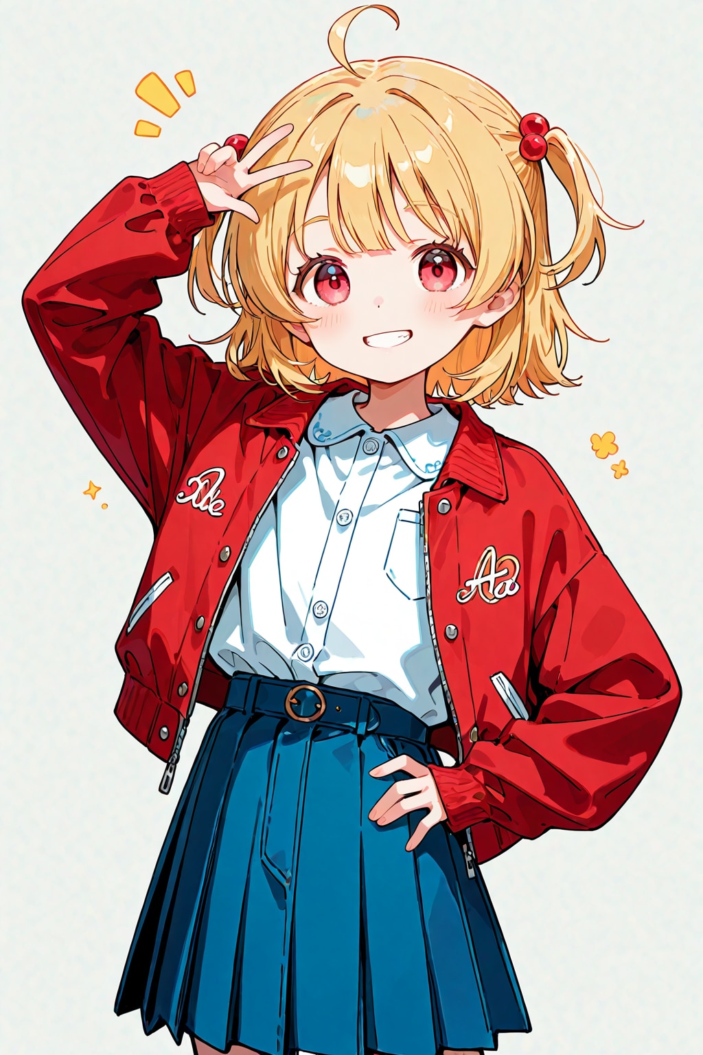 青いスカートと赤いジャケットを身に着けた少女