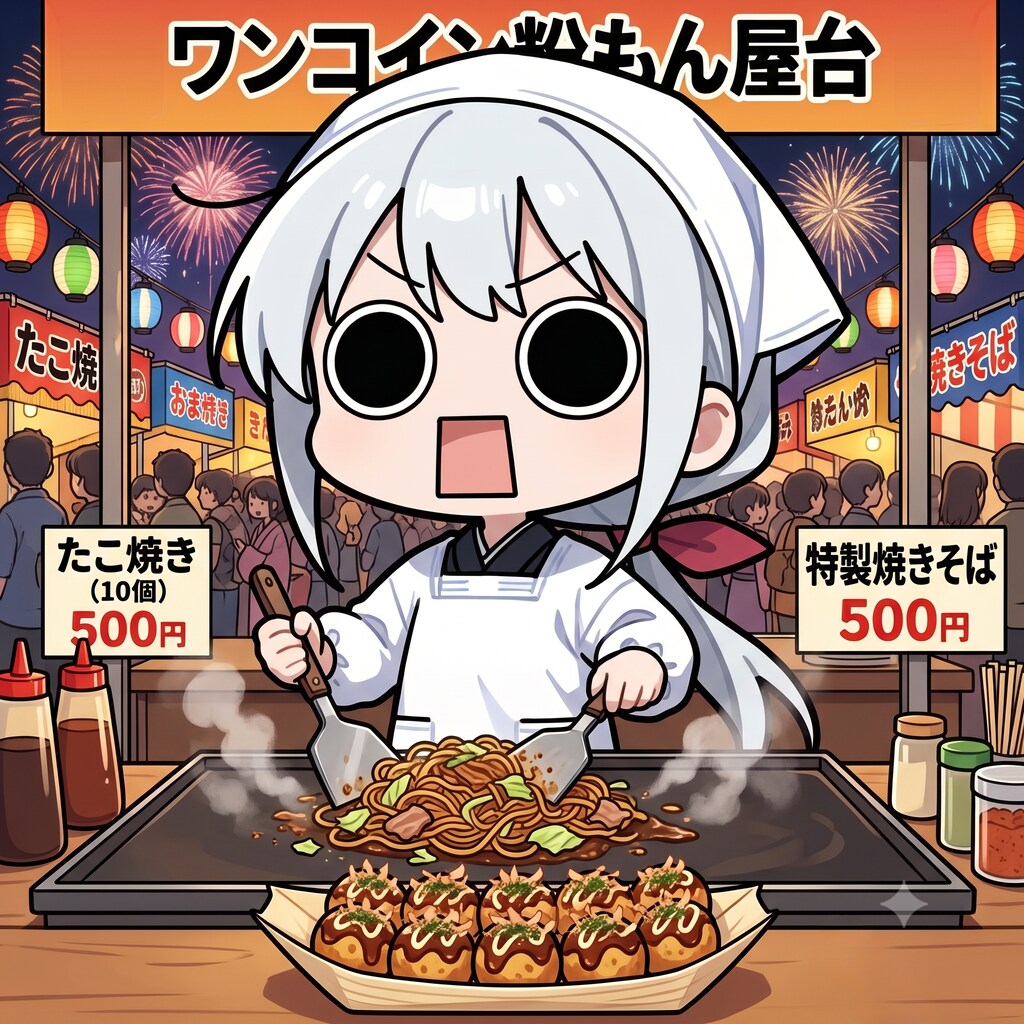 花火大会の粉もん屋台でたこ焼きと焼きそばを販売するえらいこっちゃ嬢
