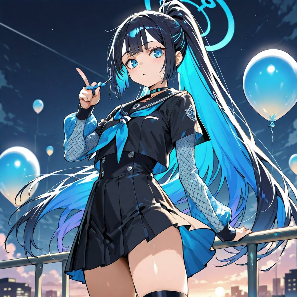 青い風船を持つ黒髪ポニーテール青いメッシュの髪色のセーラー服着た美少女 | の人気AIイラスト・グラビア