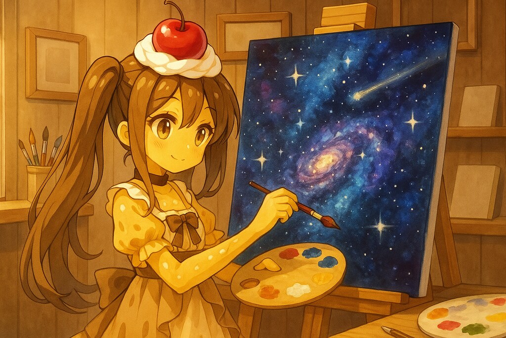 銀河の絵を描くカラメルプリンスライムちゃん