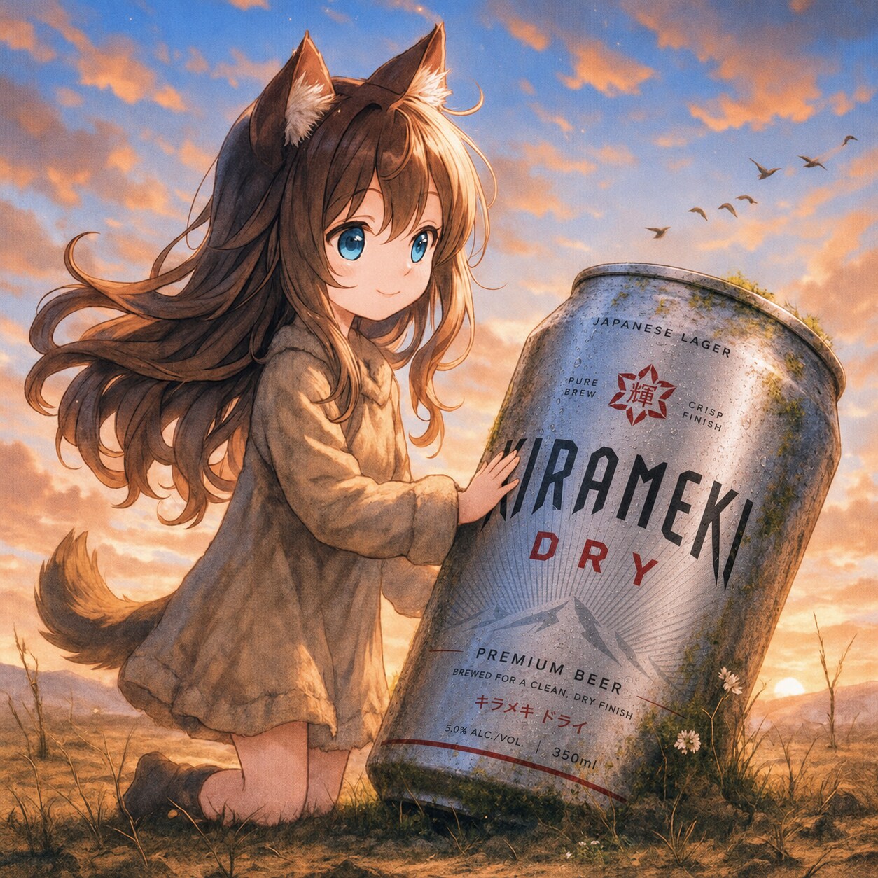 土へ還るビール缶とそれを見守る小さな女の子