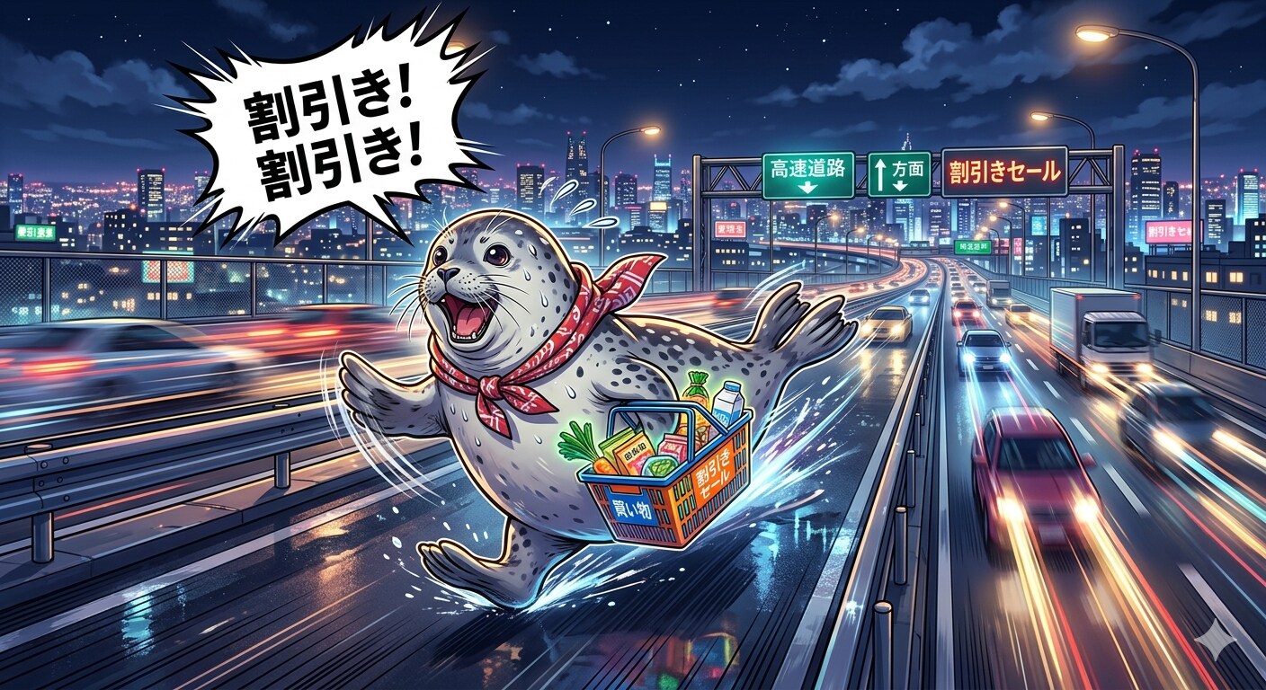 買い物かごを持った高速道路疾走アザラシ | の人気AIイラスト・グラビア