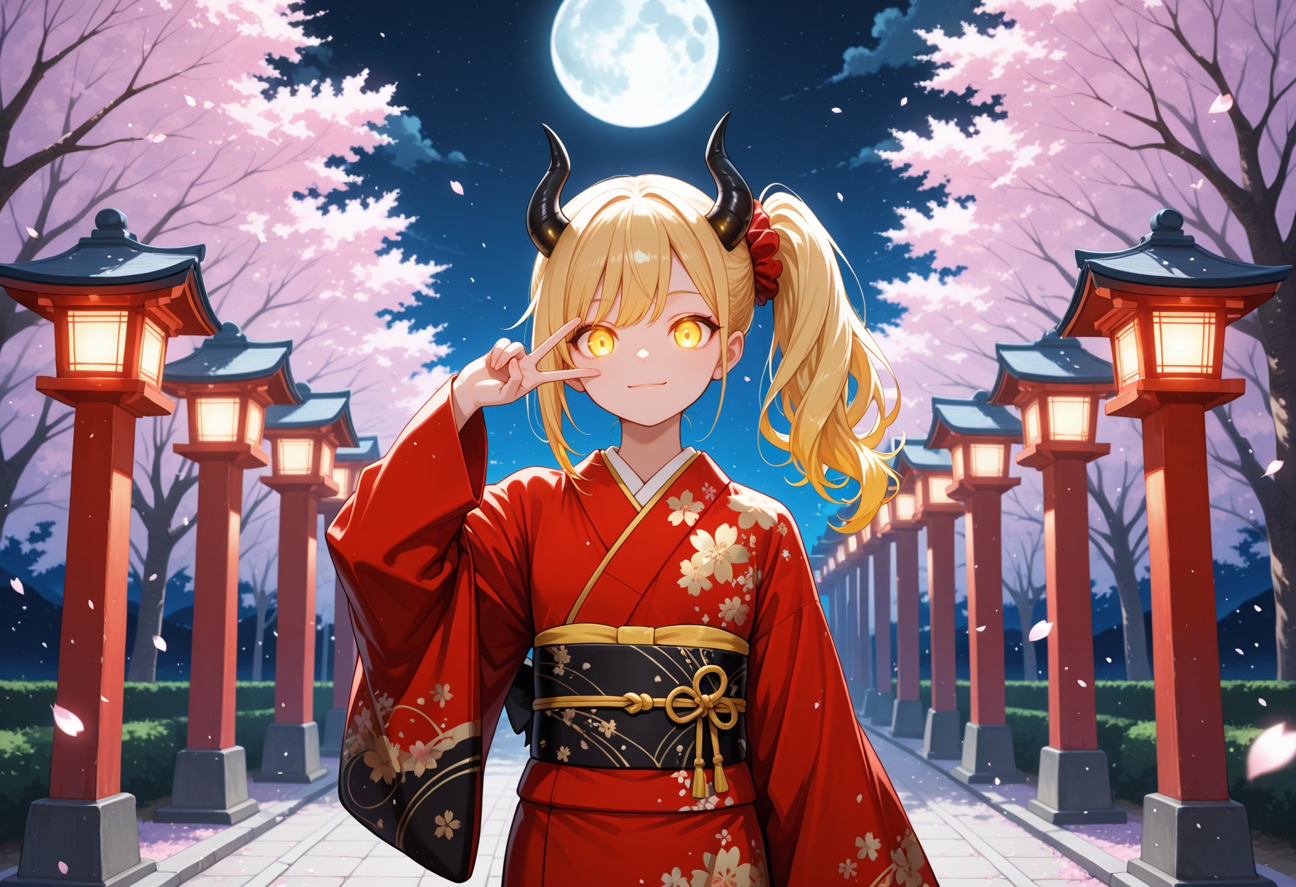 紅い着物と夜桜女鬼高生さん | の人気AIイラスト・グラビア