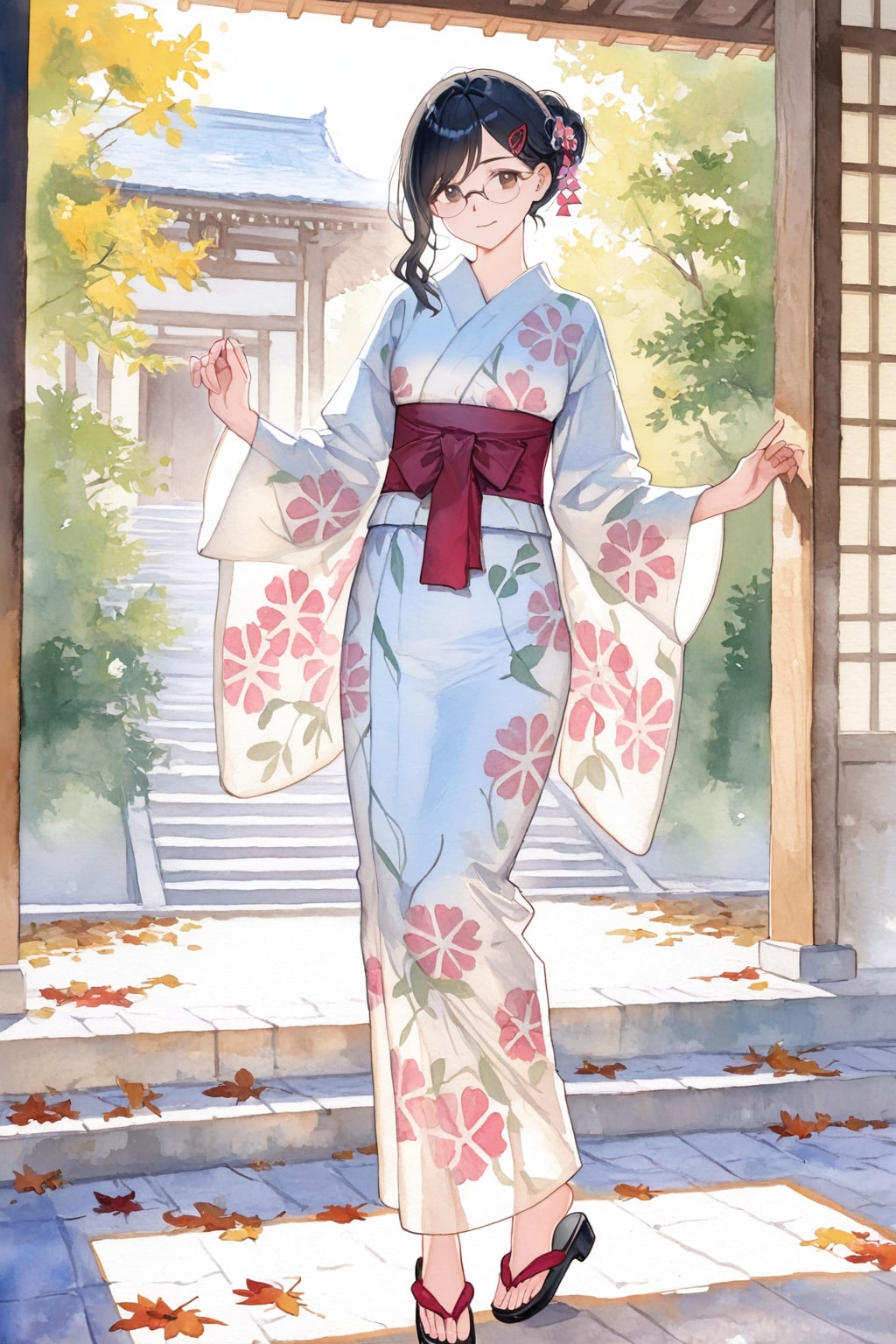 (水彩)浴衣姿の黒髪メガネさん