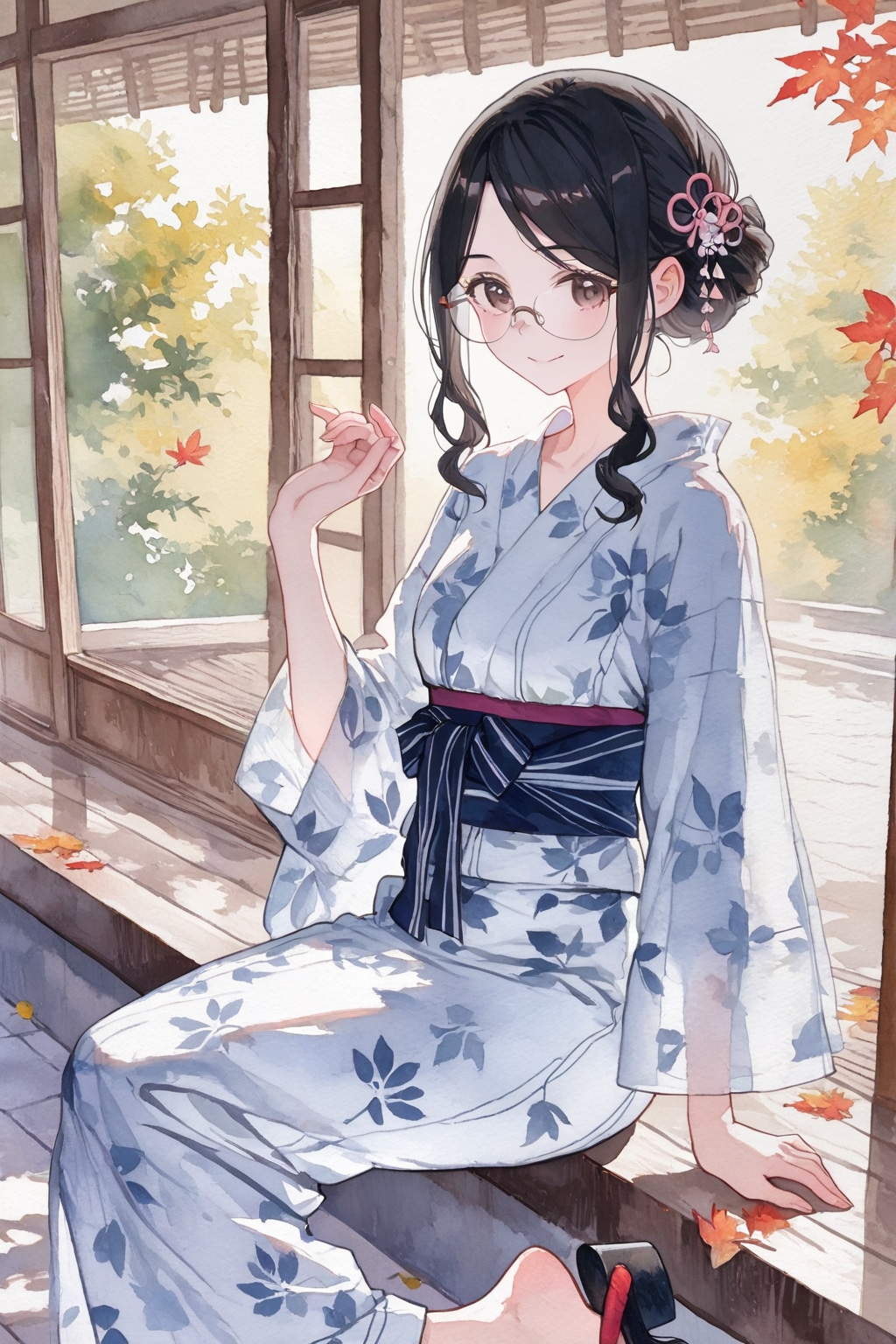 (水彩)浴衣姿の黒髪メガネさん